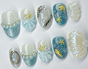 Zeemeermin Ocean Press On Nails Almond, Blue Ocean-geïnspireerde ontwerpen met glittery Oceanic, 3D-zeesternagels, aangepaste handgemaakte pers op nagels