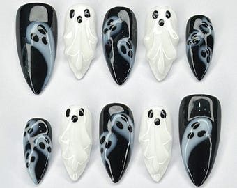 3D Ghost Halloween Press On Nails, Handmade Spooky Nail Art in Black and White, Cute Scary 3D Halloween Nail Art, Spooky Cute Nails