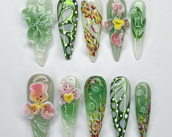 3D Floral Green Press On Nails, Handmade Nature-Inspired Nail Art, Luxury Botanical Press On Nails, Green Nails, Garden-Inspired Fake Nails