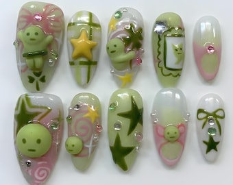 Cute Smiski Press On Nails, Pastel Green Pink Cartoon Nails, 3D Kawaii Character Nail Art, Adorable Fake Nails, Cute Nails, Cartoon Nails