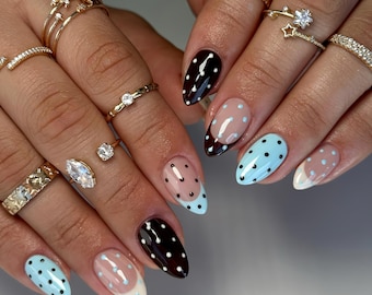 Y2K Polka Dot Press On Nails, Blue Polka Dot Press On Nails, Cute Pastel Brown Nail Setm Y2K French Tip Nails, Brown and Baby Blue Nails
