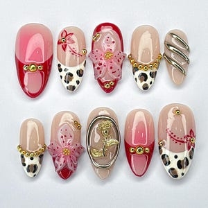 Vacation Press On Nails with Leopard Print and 3D Flowers, Red and Gold Long Fake Nails for Beach Holiday or Tropical Summer nails