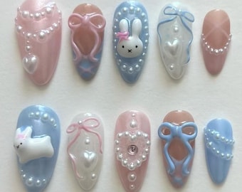 Adorable Miffy Bunny Press On Nails, Cute 3D Nail Art with Bows, Miffy Press On Nails with Ribbons and Pearls, Cute Nails, Miffy Nails