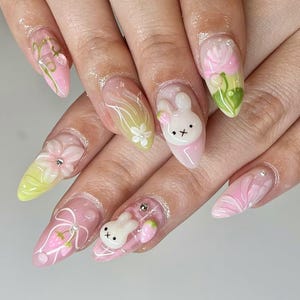Cute Miffy Bunny Press On Nails, Pink Floral 3D Spring Nail Art, Strawberry Cute Pink Press On Nails, Kawaii Strawberry Miffy Nails