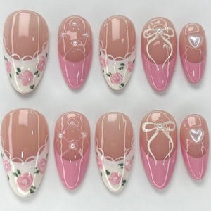 Romantic Pink Press On Nails, Rose Garden Nails with Ribbons & Pearls, Soft Girl Fake Nails Set, Pink Coquette Nails, Pink French Nails