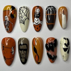 Spooky Halloween Fake Nails, Handmade Press On Nail Set with Ghost, Pumpkin Ghost Candle Nail Art, Reusable Nail Set for Halloween Costume