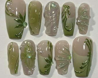 Paznokcie Tropikalne Zielone, Paznokcie Żelowe Ombre, Inspirowane Naturą 3D Nail Art, Luksusowe Zielone Paznokcie Fairycore, Paznokcie 3D Liście i Kwiaty