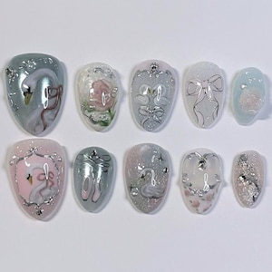 Balletcore Press On Nails, Swan Lake Nail Art with Bows & Pearls,  Fairycore Ballet Press On Nail Set with Silver Details, Swan Nails