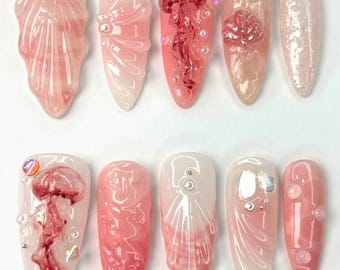 Pink Ocean Press On Nails, 3D Jellyfish & Seashell Nail Art, Pink Mermaid Nails, Pink Marine-Inspired Nail Set, Handmade Beach Nails