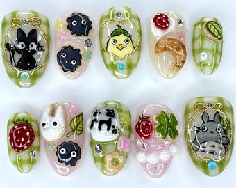 Studio Ghibli Press On Nails, Handmade 3D Nail Art with Totoro, Studio Ghibli Inspired 3D Nails Featuring Jiji, Soot Sprites, Forest Spirits