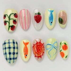 Kawaii Fruit Press On Nails, Handmade 3D Fish, Strawberry, Orange Nail Art, Cute Colorful Gel Nails, Fun Y2K Nail Set, Sun nails, tomato