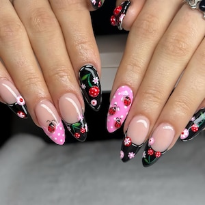 Cherry & Ladybug Press On Nails, Hand Painted Black and Pink Nail Art with 3D Flowers, Cute Cherry Nails with Ladybug, 3D Flower Nail Art