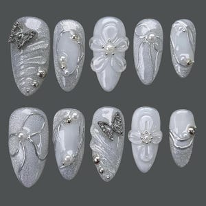 Butterfly Pearl Silver Press On Nails, Wedding nails, Elegant Silver Press On Nails with 3D Flower & Sparkle Design, Luxury Bridal nails