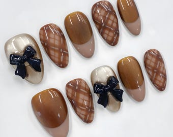 Brown Plaid Press On Nails, Elegant Brown French Tip Nail Set with Black 3D Bow, Classy Fall and Winter Nail Art, Glossy Mocha French Tips