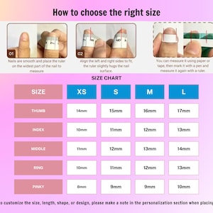 May include: Image showing instructions on how to measure nails for sizing. Includes a size chart with measurements in millimetres for thumb, index, middle, ring, and pinky fingers, ranging from 8mm to 17mm. Text reads, "How to choose the right size."