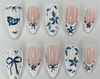 Ceramic-Inspired Blue Floral Press On Nails, Blue Vintage Nail Art, Blue Bow and Floral Ceramic Nail Press On, dove nail set, blue nails