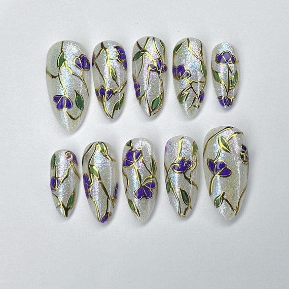 Purple Floral Shimmer Press On Nails, Elegant Stained Glass Nails, Iridescent Purple Flowers Press Ons,  Purple Floral Handmade Nail Art