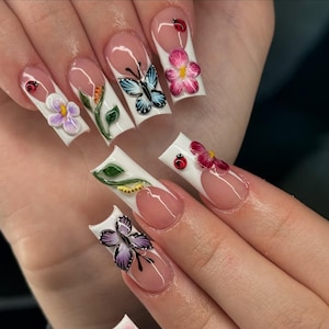 3D Butterfly & Ladybug Press On Nails, Summer Garden French Tip Nails,  Cute Ladybug Nails, Nature-Inspired Nails, Reusable Acrylic Nails