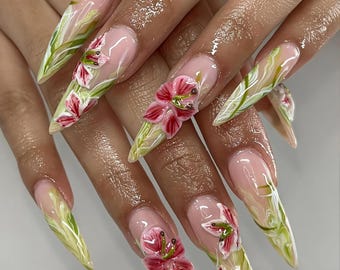 Uñas postizas Bloom hechas a mano, diseño de flores 3D hecho a mano, uñas postizas estilo cottagecore, estética de inspiración natural, diseño de orquídeas 3D