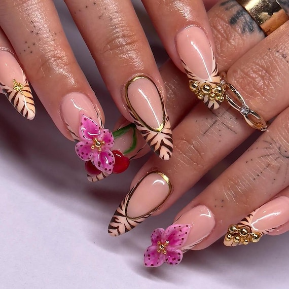Zebra Print Press on Nails With Cherries and 3D Flowers, Cherry