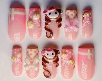 Cute 3D Monkey Press On Nails, Pink Cartoon Nails with Bows & Bananas, Handmade Kawaii Nail Art, Pink Press Ons with Polka Dots, Cute nails