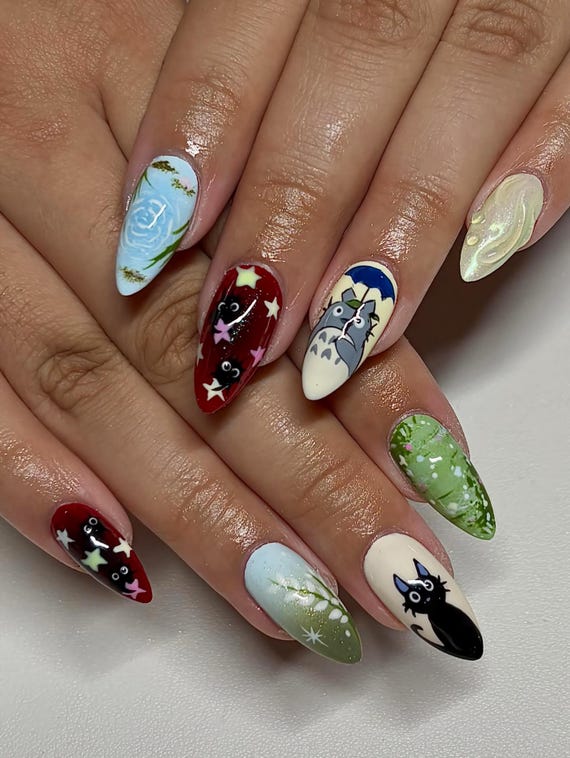 Totoro Press on Nails, Hand Painted Ghibli Nail Art, Nature