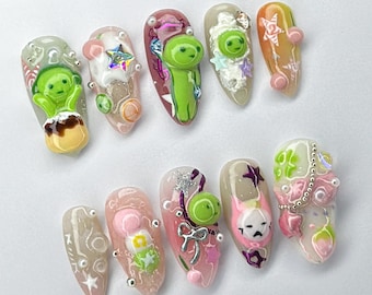 Kawaii Smiski Press On Nails, Cute Alien & Dessert Aesthetic, Harajuku Nail Art, Playful Green Nail Set, Cartoon Nails, smiski nails