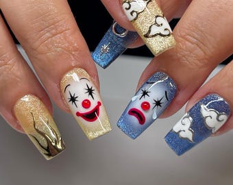 Sonne und Mond Drücken Sie auf die Nägel, Himmlische Clown Kernägel, Blaue und Goldene Katzenaugen-Nägel, Handbemalte Gothik-Nägel, Einzigartiger Luxus-Kleber auf den Nägeln