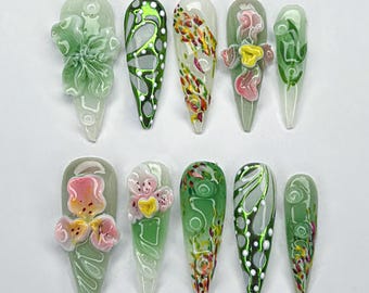 3D Floral Green Press On Nails, Handmade Nature-Inspired Nail Art, Luxury Botanical Press On Nails, Green Nails, Garden-Inspired Fake Nails