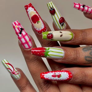 Cute Strawberry Press On Nails, Handmade Fruit Nails with Ladybug & Apple Art, Summer Picnic Nails,  Ladybug Nail Art with Plaid Picnic nail