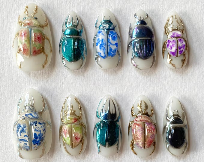 3D Scarab Beetle Press On Nails, Handmade False Nails with Vintage Floral, Unique Gothic Cosplay Nail Set, Statement Gothic Nail Art