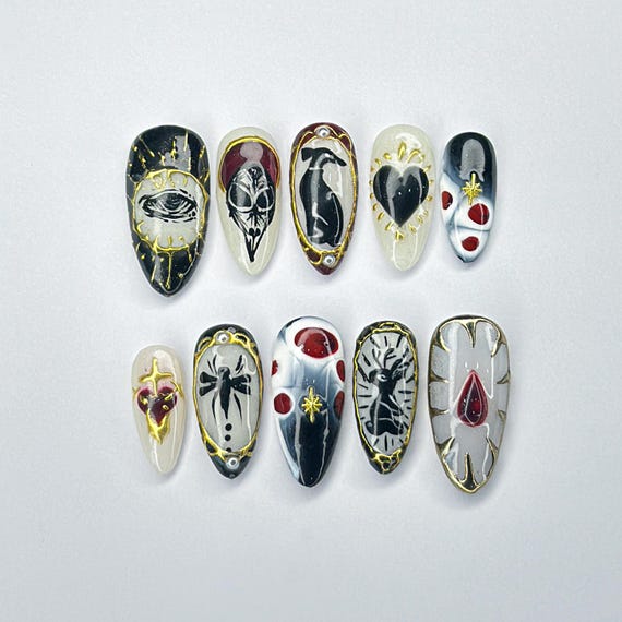 Gothic Press On Nails, Handmade Dark Art Nail Set, Black and Red Spooky Fake Nails, Witchy Gothic Nail Designs, Horror Inspired Fake Nails