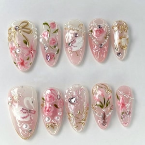 Elegant Swan and Gold Bow Press On Nails, Romantic Wedding Nail Art, Wedding Nails, Romantic Rose& Swan Nails, swan lake nails, Bridal Nails