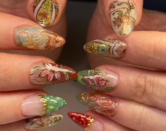 Stained Glass Floral Press On Nails, Art Nouveau Hand Painted Fake Nails, 3D Gold Outline Vintage Flower Nails, Cottagecore Stained Glass