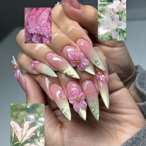 3D Pink Flower Press On Nails, Spring Lily Ombre Fake Nails, Clear Water Drop Dewy Nail Art, Coquette Fairy Custom Reusable Nails