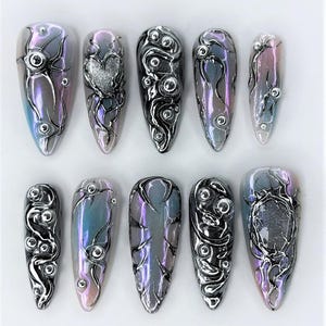 Galaxy Chrome Press On Nails, 3D Galaxy Nail Art, Chrome Metallic Press On Nails, Space Inspired Stiletto Nails, Y2k nails, Chrome Nails