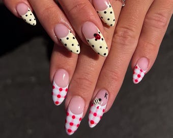 Retro Polka Dot Press On Nails, Red and Black Dotted Nail Tips with Cute Bee and Ladybug Design, Cute Bee & Ladybug Nail Art, Picnic nails