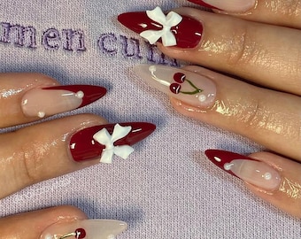 Y2K Cherry Nails Press On, 3D Bow Nails with Pearl Details, Romantic Red French Tip Nails, Cute Fake Nails for Date or Party, Birthday nails