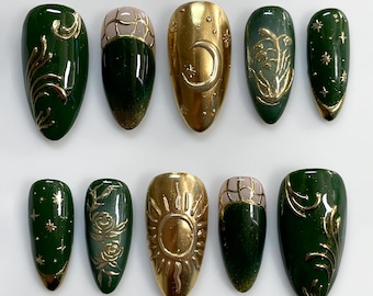 Celestial Sun and Moon Fake Nails, Green and Gold Press On Nails, Luxury Handmade Nail Art with Stars and Roses, Witchy Astrology Nails