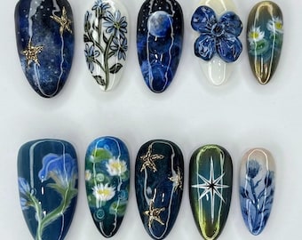 Starry Night Press On Nails, Blue Galaxy Floral Handmade Nail Art, Midnight Sky Floral Press On Nails, Midnight Sky Floral Nails, Blue nails