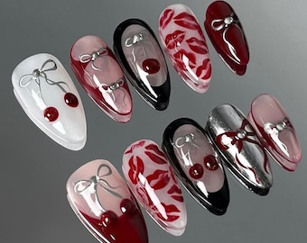 Cherry Kiss French Tip Nails, Valentine Nails, 3D Bow Press On Nails, Hand Painted Cherry and Lip French Tis Nails, Cherry Nails, Red nails