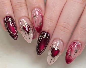 Burgundy Heart Nails with Gold Details,  Romantic Valentine Nail Set, Red Pink Valentine Nails, Elegant Red Almond Nails, Gift for Her