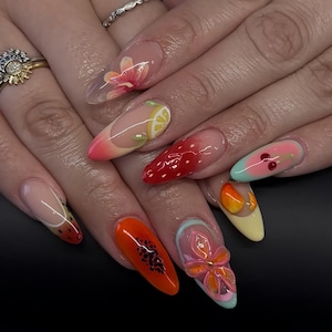 Tropical Fruit Press On Nails, Tropical Summer Vacation Nail Set, 3D Handmade Nail Art, Unique Watermelon, Coconut, and Papaya Designs