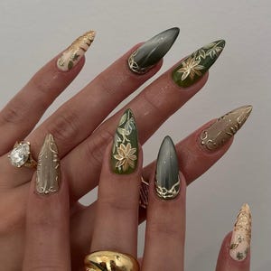 Gold and Green Botanical Press On Nails, Green Stained Glass Press On Nails with Gold Details, Classy Floral Nail Art for Weddings and Event