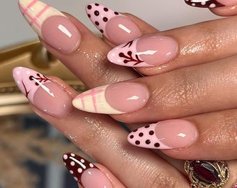 Romantic Plaid and Polka Dot Nail Art, Burgundy and Pink Press On Nails, Soft Pink Plaid and Polka Dot Nails, Valentine Nails