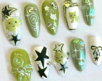 Kawaii Smiski Press On Nails, Fun and Playful Acrylic Nails, Smiski Star Nail Art, Adorable Fake Nails, Gift For Her, Green nails, Press ons