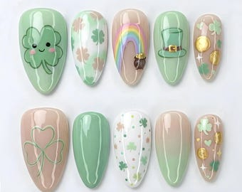 St Patrick’s Day Press On Nails – Cute Shamrock Nails, Lucky Clover Pastel Green Nails, Irish Holiday Nails, Rainbow Clover Nails,