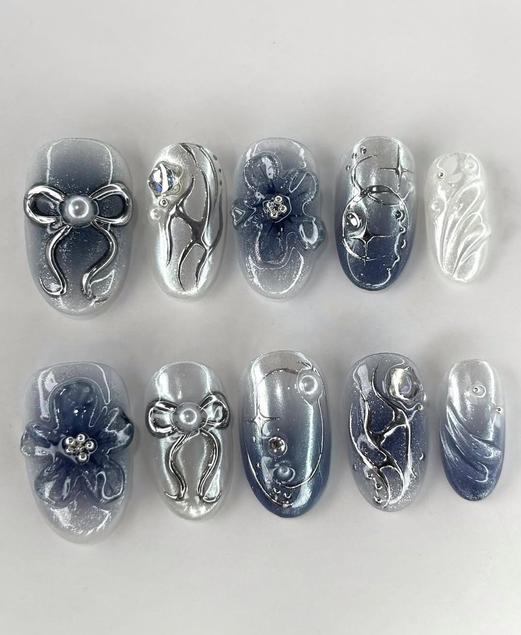 Silver Navy Chrome Press On Nails, 3D Pearl Bow Nails, Elegant Glossy Nail Set, Navy Silver 3D Flower Nails, Pearl & Bow on False Nails
