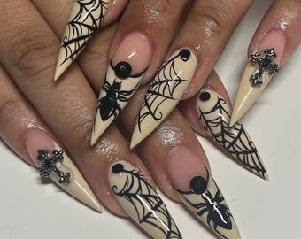 Halloween Spider Web Press On Nails, Handmade Gothic Press On Nails, Stiletto Halloween Fake Nails with Cross, Unique Spooky Nail Art