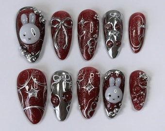 Red Chrome Miffy Press On Nails, Cute 3D Rabbit & Metallic Bow Nail Art, Cute Nails, Miffy Nails, Red nails